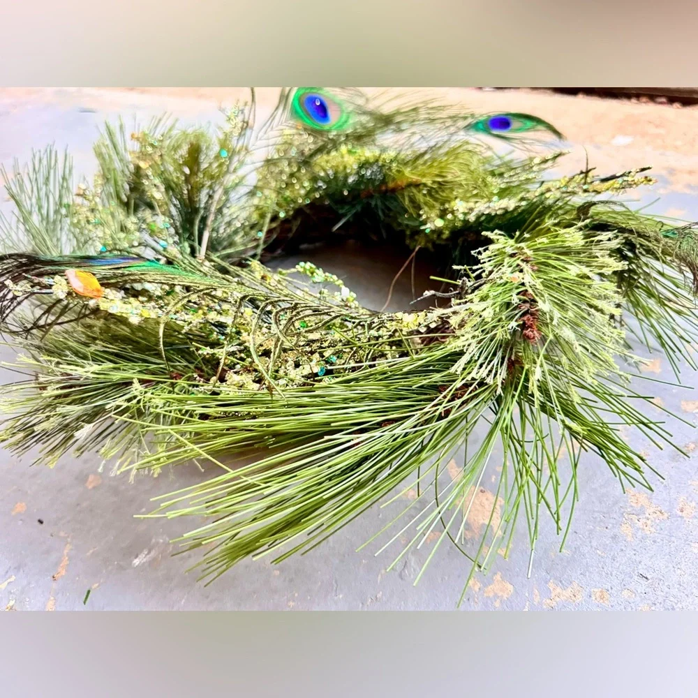 17” PEACOCK FEATHER Maximalist Wreath w Gems & Crystals on Grapevine Ring Base